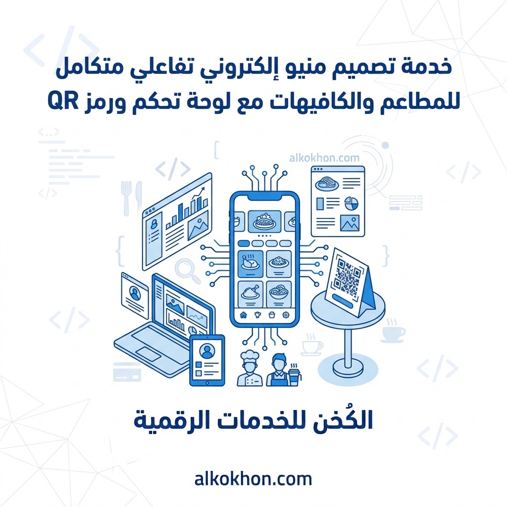 خدمة تصميم منيو إلكتروني تفاعلي متكامل للمطاعم والكافيهات مع لوحة تحكم ورمز QR